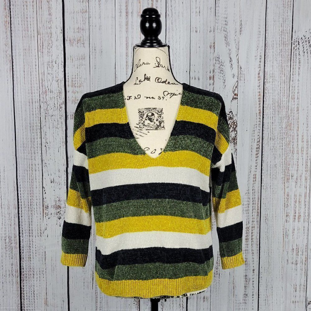 Express Black Green Yellow & White Striped Small Soft Knit Cozy V-Neck Sweater
